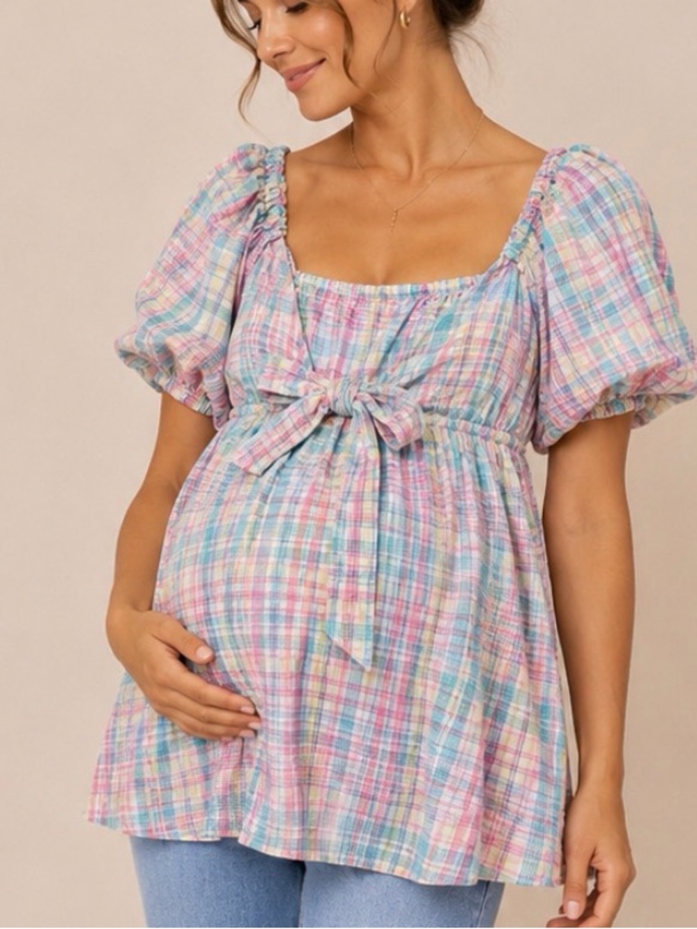 Isabel Maternity by Ingrid & Isabel Pastel Plaid Puff Sleeve Maternity Top
